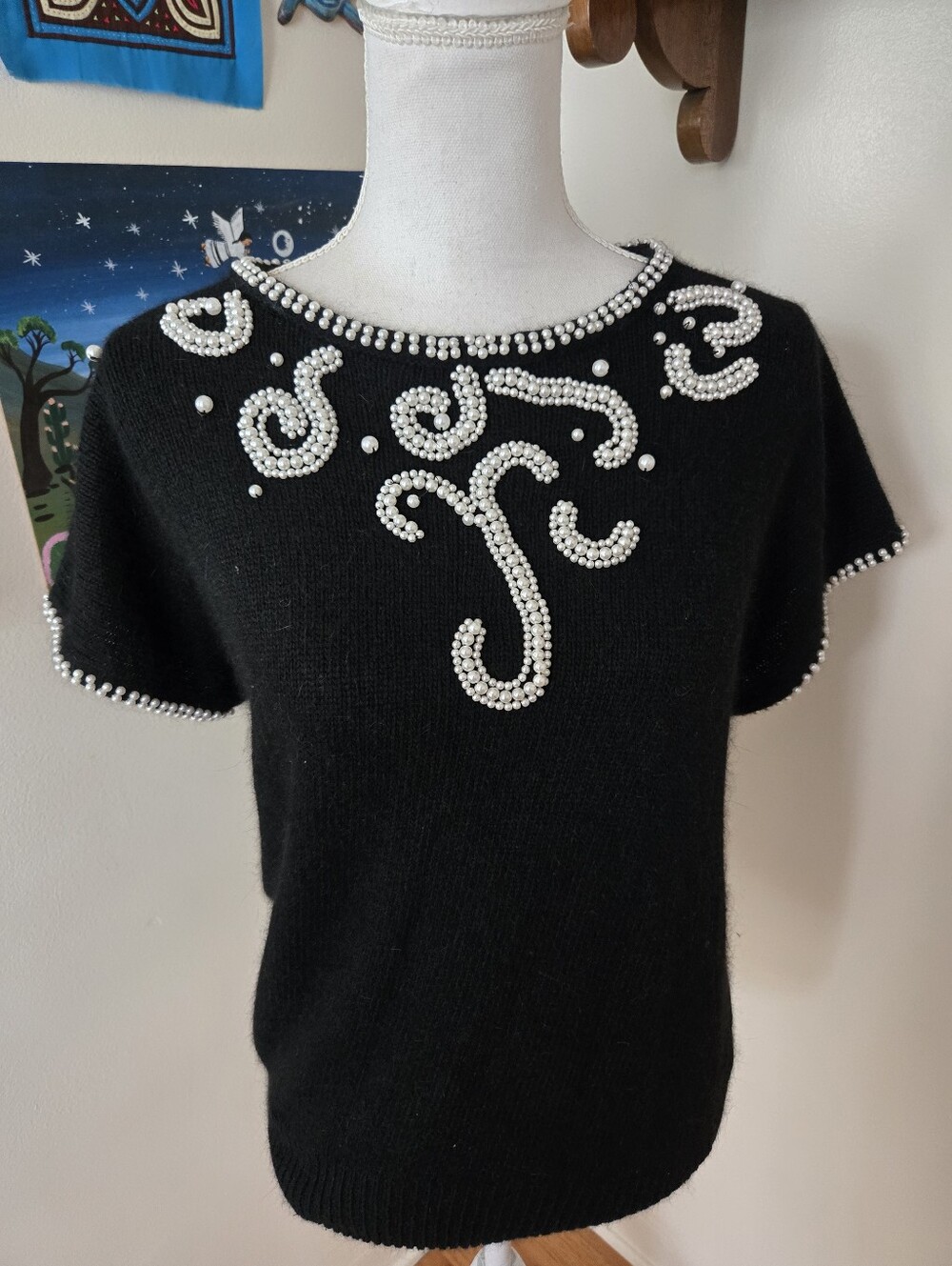 Vintage Fuzzy Black Short-Sleeve Sweater Scroll Pearl Embellshed Size Medium